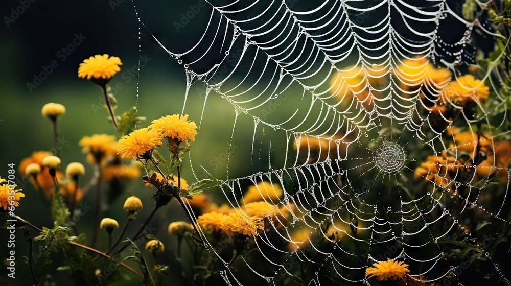 Poster a spider web on a field of dandelions with dew drops. generative ai