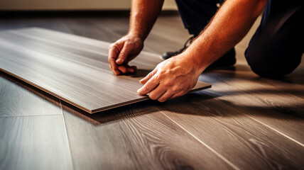 Man installing laminate flooring - obrazy, fototapety, plakaty