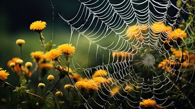  a spider web on a field of dandelions with dew drops.  generative ai