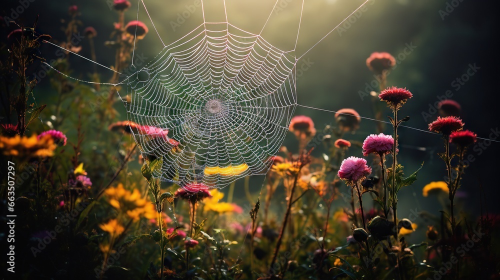 Poster a spider web in the middle of a field of flowers. generative ai