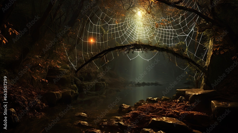 Poster a spider web hanging over a stream in a forest at night. generative ai