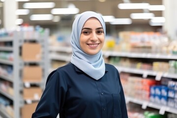 Fototapeta na wymiar Muslim woman with friendly smile in a grocery store, female employee wearing a hijab, business portrait, ai generated