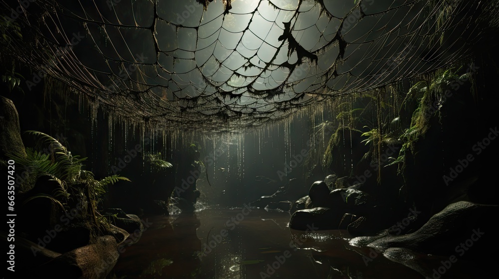 Poster a dark cave with a stream running through the middle of it. generative ai