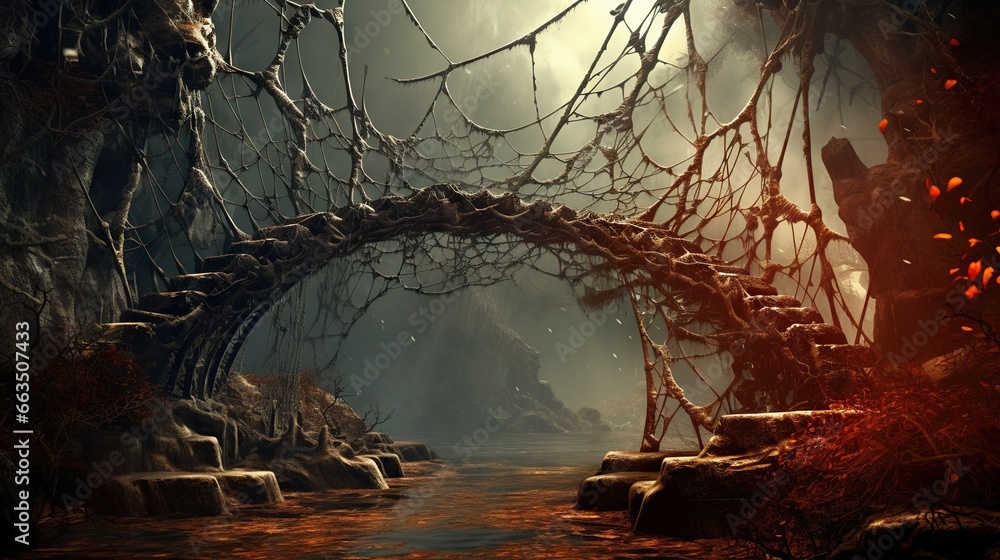 Poster a fantasy scene of a river and a bridge in a forest. generative ai