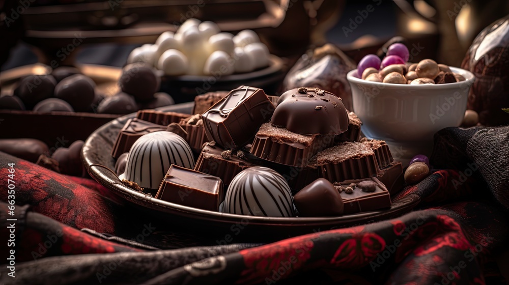 Poster a plate of chocolates and a bowl of nuts on a table. generative ai