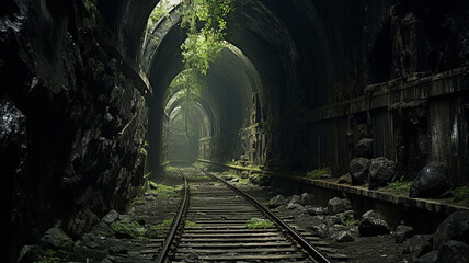 Fototapeta na wymiar dark tunnel overgrown with greenery