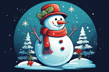 An illustration of a snowman for a Christmas banner, background, or card
