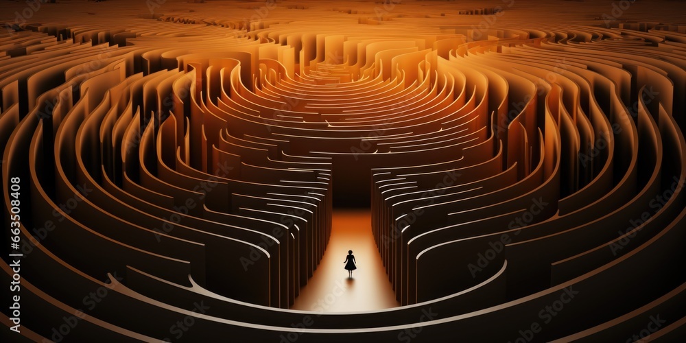 Poster A person walking through a maze with a light at the end, AI