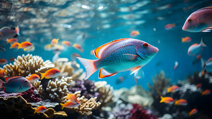 Fototapeta na wymiar Undersea view of coral reef with colorful fishes.