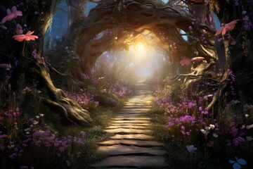 A magical journey through a luminous woodland, Generative AI