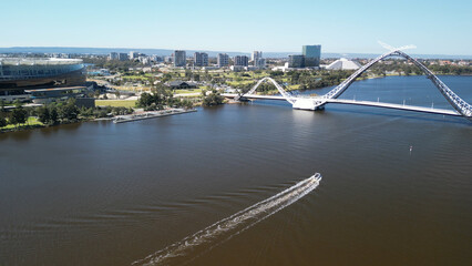 Aerial view of Matagarup Bridge and Swan River in Perth