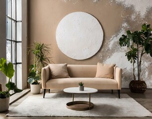 Beige sofa and round coffee table against abstract wall. Loft minimalist home interior design of modern living room; exotic, tropical plants in pots