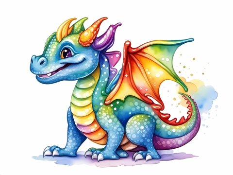 Generative AI. A little rainbow dragon is happy and smiles. Good dragon. Colorful watercolor illustration. Colors of rainbow. New Year Symbol 2024