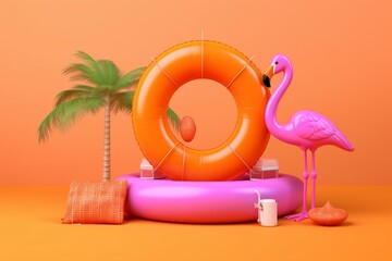 3D rendering of inflatable flamingo and beach accessories on orange background, representing the summer concept. Generative AI - obrazy, fototapety, plakaty