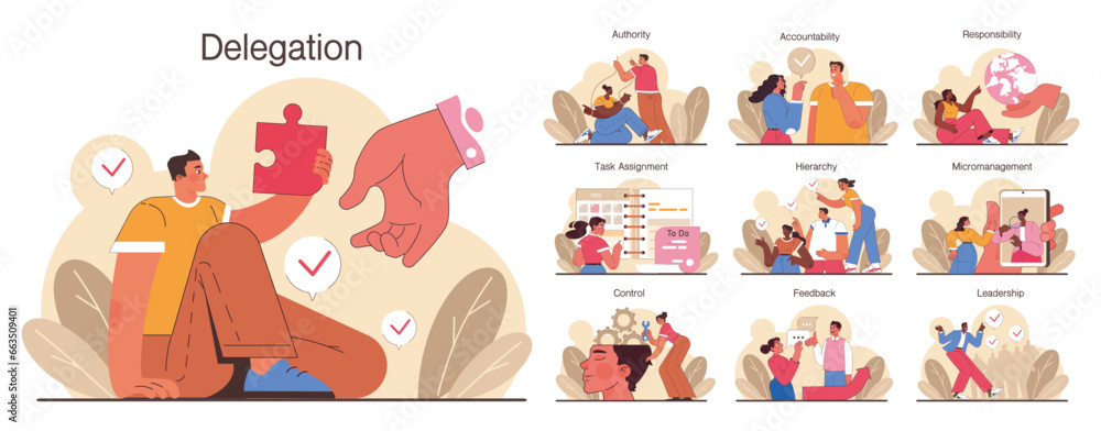 Poster delegation set. task assignment and control. leader or manager transferring