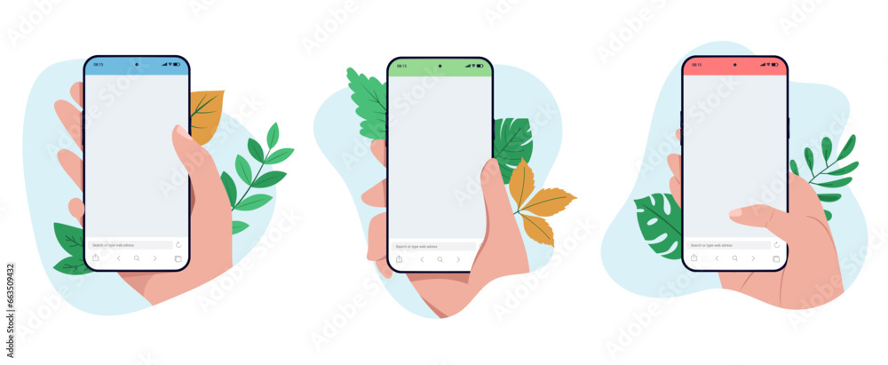 Poster hand holding mobile phone template collection - set of vector illustrations of smartphone with empty