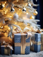 christmas tree and gifts, blue golden decorated xmas tree setting with presents, ai generated