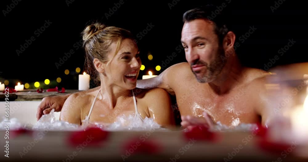 Sticker Love, hot tub and couple laughing, talking and bonding on Valetines Day date, honeymoon or funny discussion. Romantic humour, comedy conversation and happy man, woman or people hug in night jacuzzi