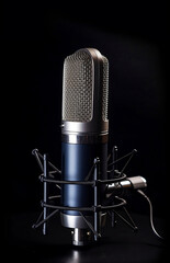Close-up studio recording microphone on a black background. Microphone for studio recording voice. Condenser.