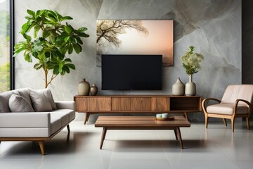 Elegant TV on the cabinet in a modern living room with an armchair, lamp, table, flower, and plant on a pristine white wall background