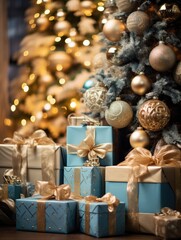 christmas tree and gifts, blue golden decorated xmas tree setting with presents, ai generated