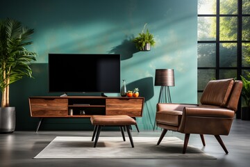 Luxurious TV cabinet in a modern living room, showcasing an interior with an armchair against an empty blue wall background