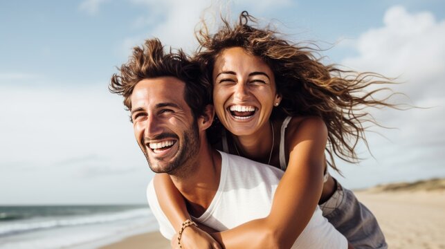 Couple enjoys a piggyback ride at the beach in summer, portrait shot, joyful