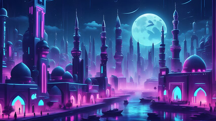 beautiful futuristic view of mosques in full moon night
