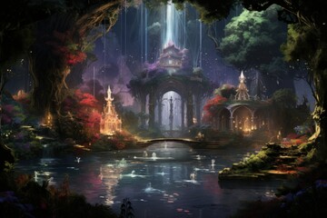Enchanted song fountains, harmonizing with nature's melodies and creating enchanting displays - Generative AI