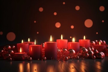 Festive Christmas evening with red candles, tranquil candlelight, and bokeh lights. Dark space for copy. 3D Xmas background. Generative AI