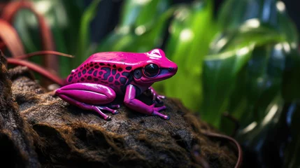 Fototapeten macro of a pink poison dart frog sitting in a tropical rainforest © Flowal93