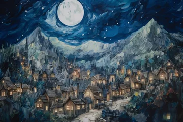 Fotobehang Oil painting depicting a moonlit mountain village in Van Gogh's signature style, reminiscent of 'The Starry Night'. Generative AI © Elodie