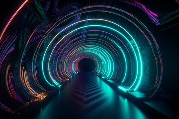 Vibrant neon tunnel with swirling patterns, rendered in 3D. Generative AI