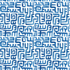 Abstract watercolor labyrinth seamless pattern. Water color stripes background. Maze concept.