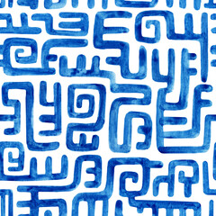 Abstract watercolor labyrinth seamless pattern. Water color stripes background. Maze concept.