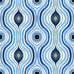 Watercolor striped motif print with ethnic shapes. Abstract line, dots, geometric elements seamless pattern.