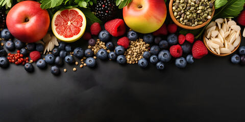 Healthy fruits and seeds, red and citrus fruits. Space for text, branding or advertising