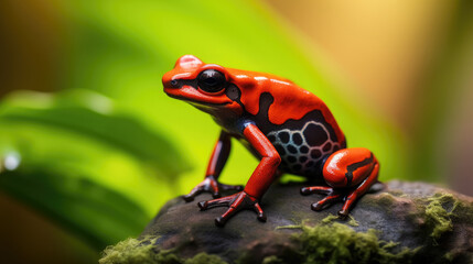 macro of a red poison dart frog sitting in a tropical rainforest