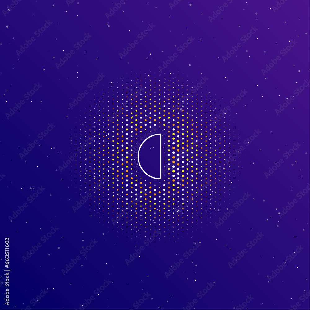 Poster a large white contour semicircle symbol in the center, surrounded by small dots. dots of different c