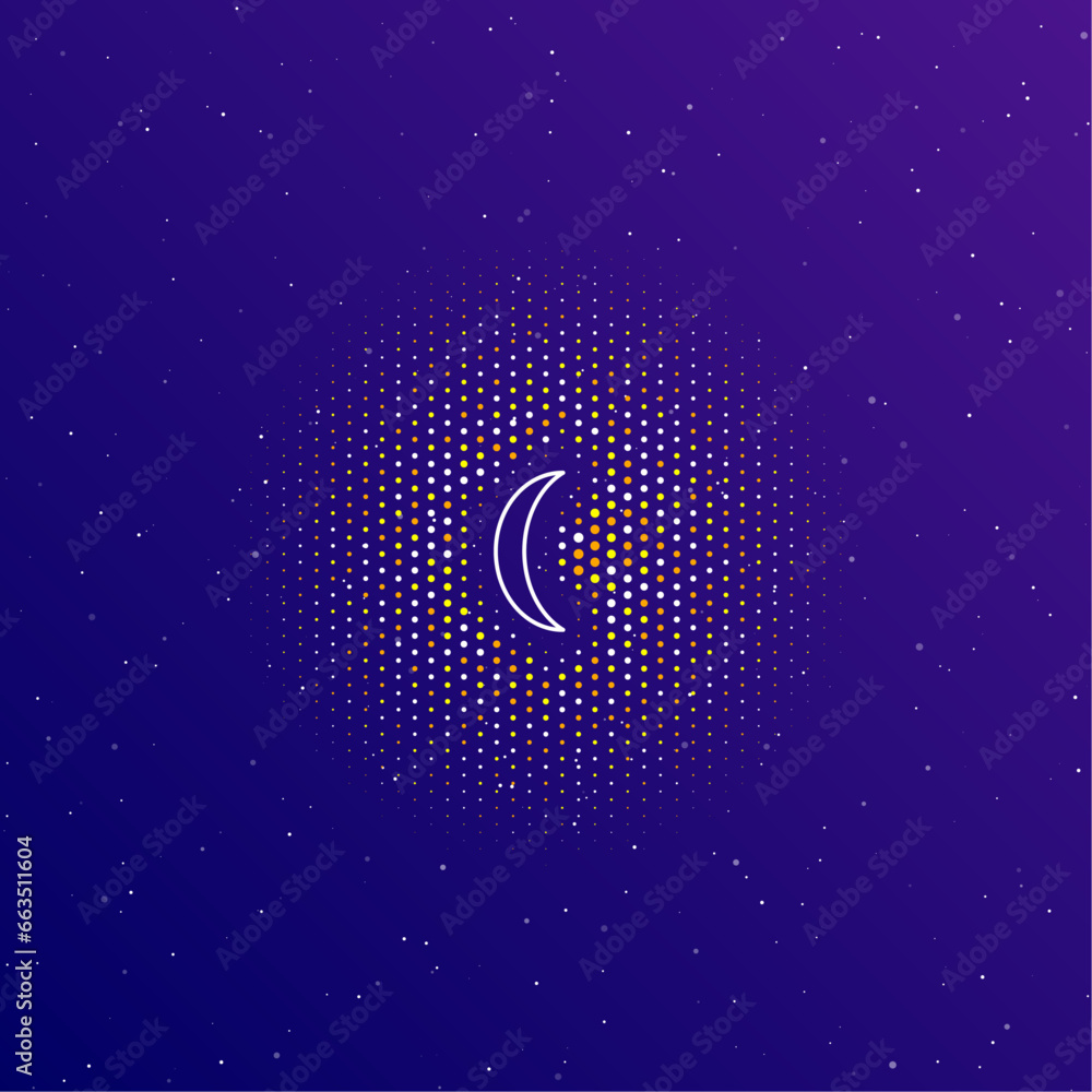 Poster a large white contour crescent symbol in the center, surrounded by small dots. dots of different col