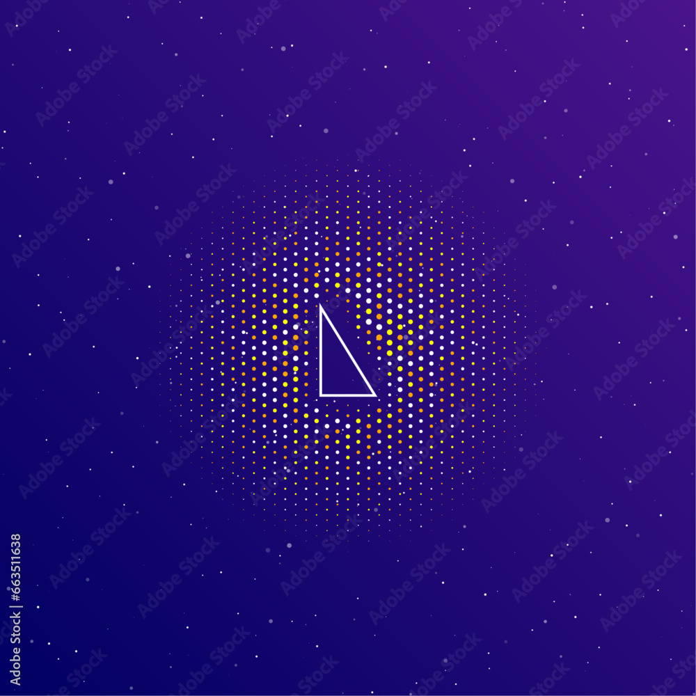 Poster a large white contour right triangle symbol in the center, surrounded by small dots. dots of differe