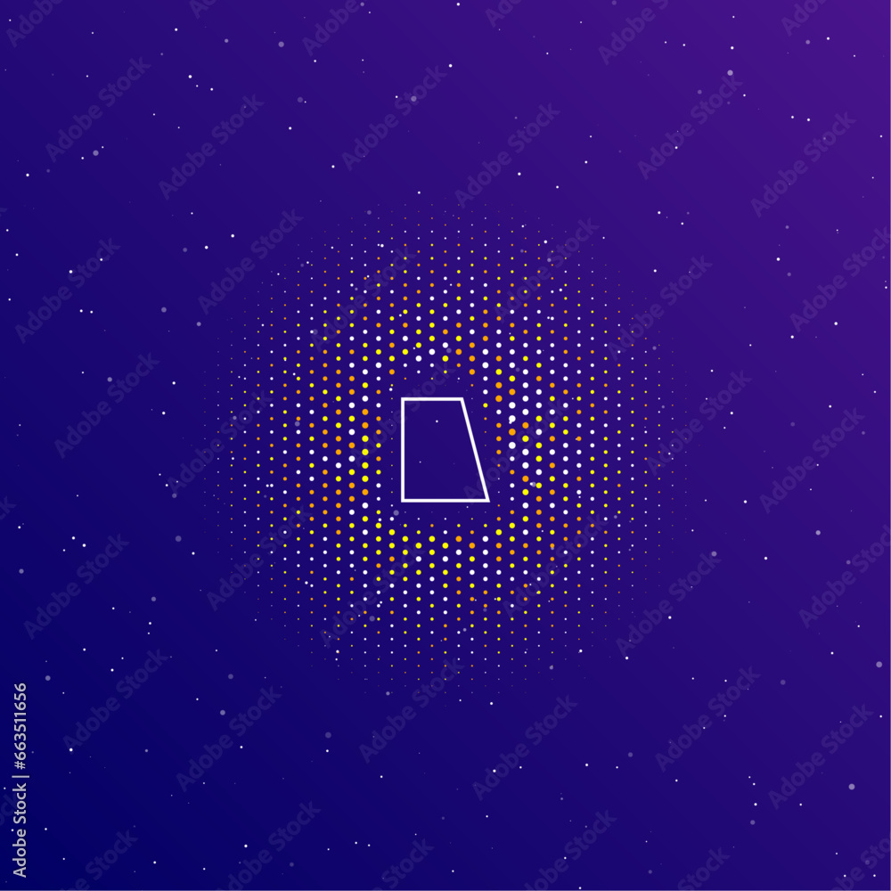 Poster a large white contour trapezium symbol in the center, surrounded by small dots. dots of different co