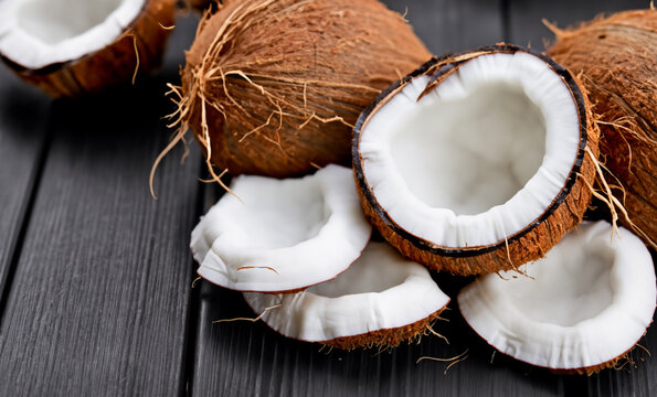Delicious Coconut close up image with wooden background. Copy Space
