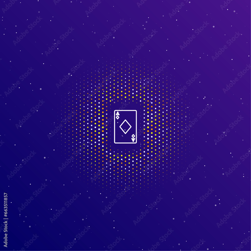 Poster a large white contour ace of diamond card in the center, surrounded by small dots. dots of different