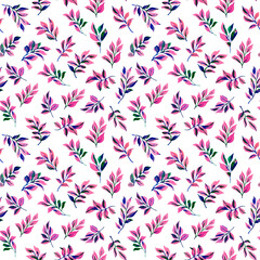 Watercolor colorful leaves seamless pattern. Bright watercolour leaves branches background.