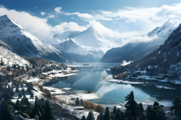 Winter Wonderland, Majestic Mountain Landscape with Frozen Lake