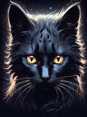 illustration portrait of black cat on black background