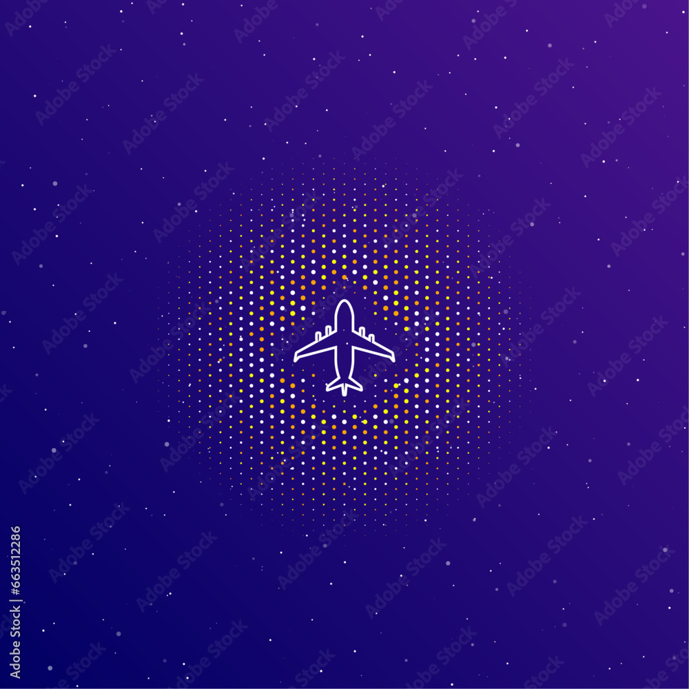 Poster a large white contour airplane symbol in the center, surrounded by small dots. dots of different col