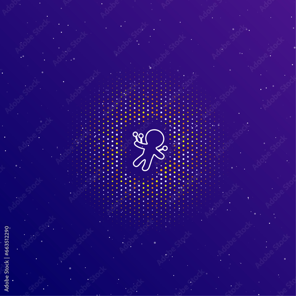 Poster a large white contour voodoo doll symbol in the center, surrounded by small dots. dots of different 