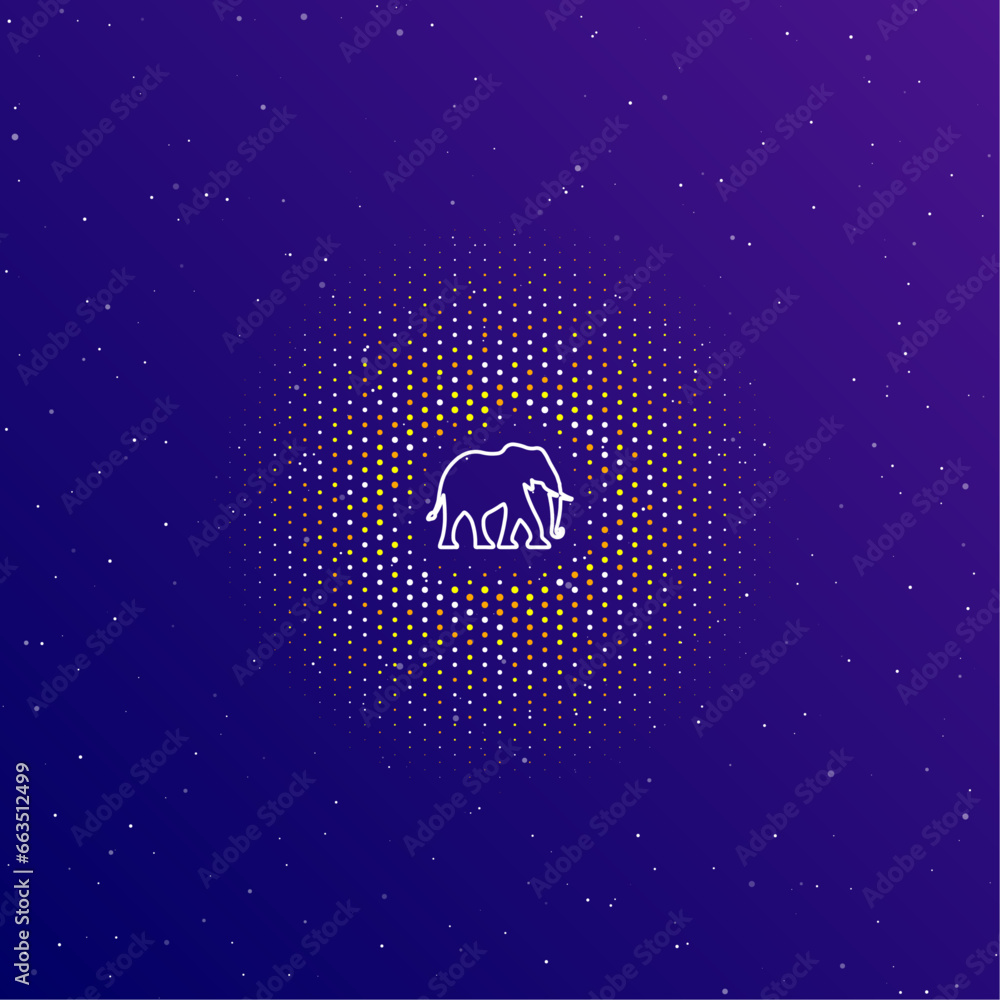 Poster a large white contour elephant in the center, surrounded by small dots. dots of different colors in 